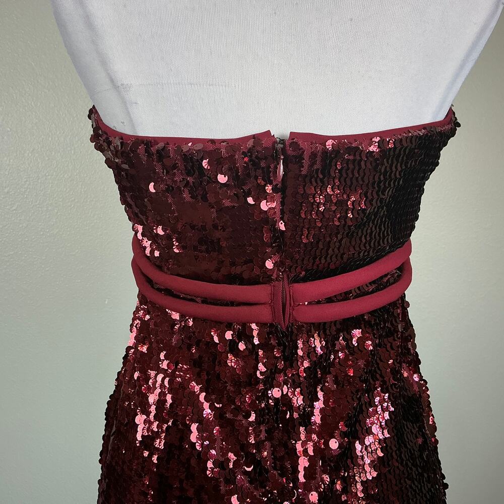 Badgley Mischka Red Cocktail Dress Sequined Strapless Belted Midi Sheath Size 16 - Picture 8 of 10
